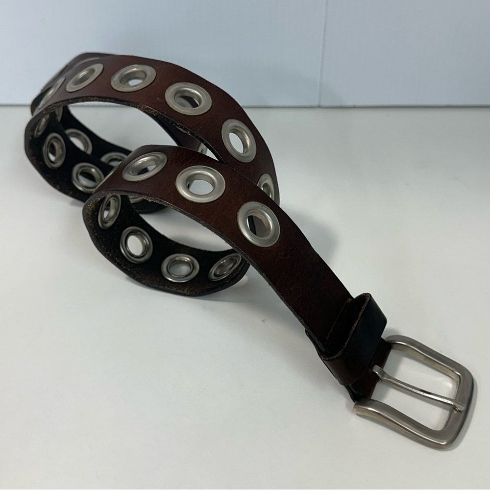 Brown Belt Genuine Leather Women’s silver Buckle Size Large Rivets - Picture 2 of 8